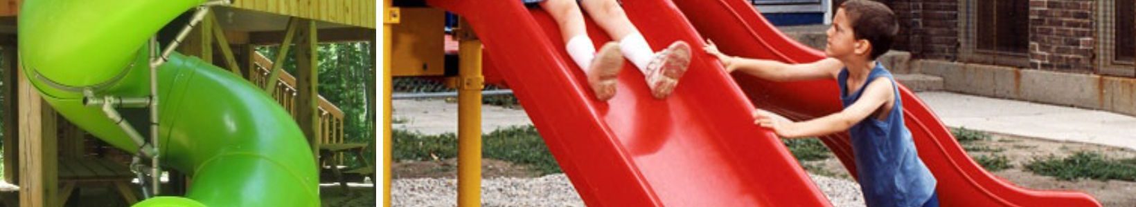 Left picture: green plastic slide. Right Picture: child on an outdoor playground slide