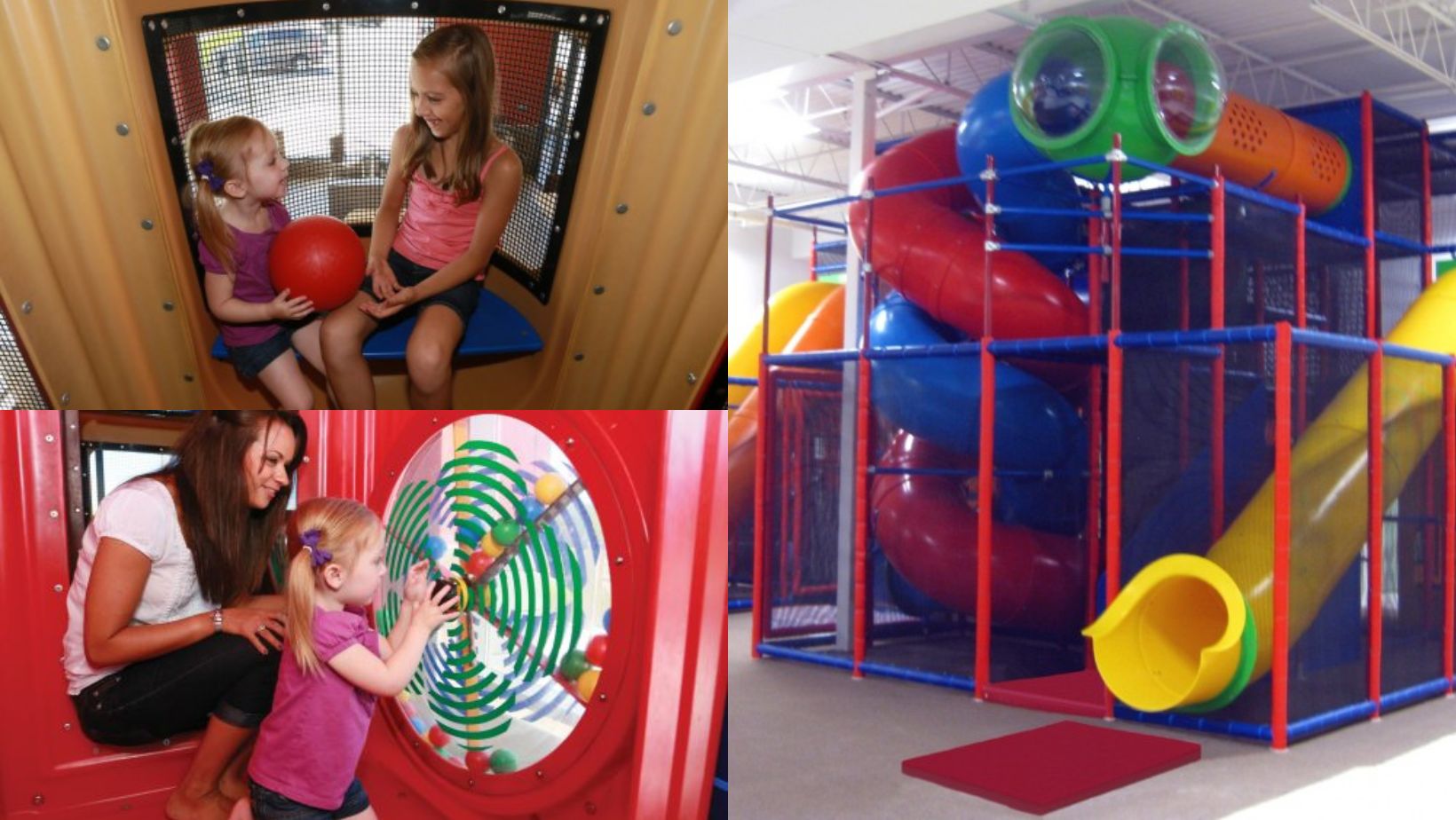 Collage of a vibrant indoor playground. Two girls sit inside, one holding a red ball. Another girl, aided by a woman, interacts with a colorful play panel. Highlighted is a large play structure with multicolored slides, exuding fun and excitement.