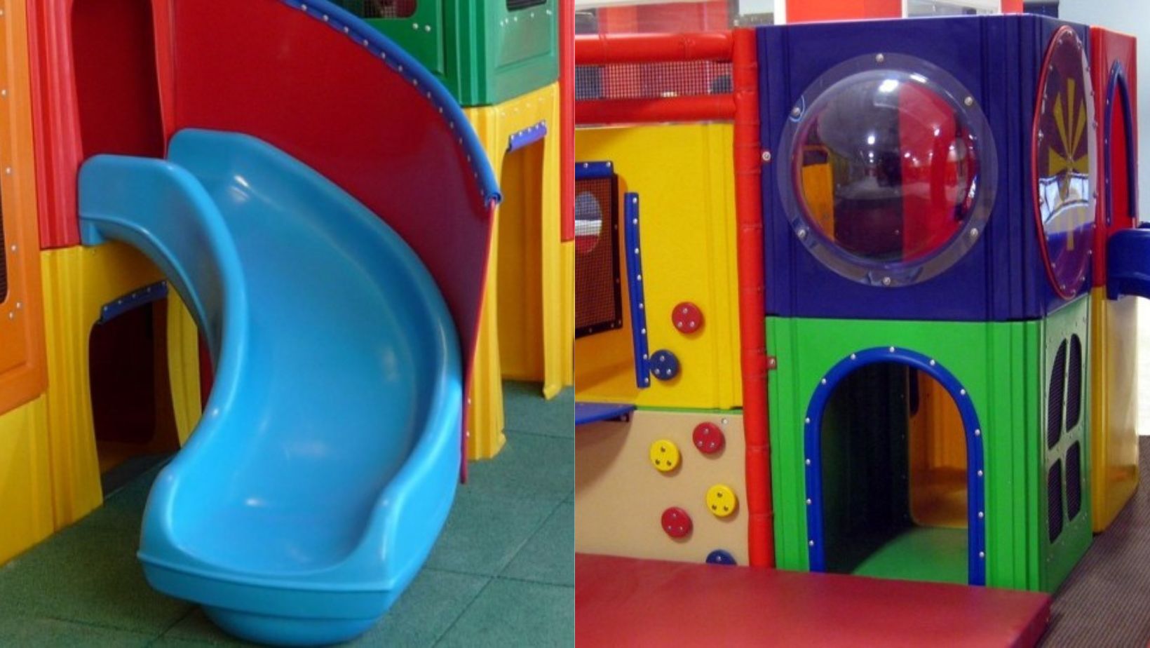 Colorful indoor playground with a blue slide, red and yellow play structures, and a circular window, creating a vibrant and playful atmosphere.