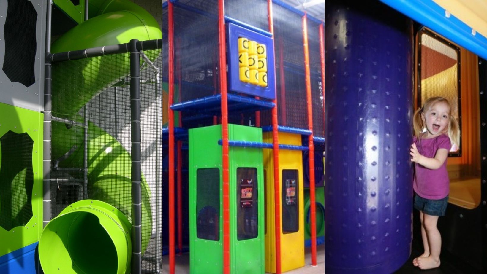 A vibrant indoor playground with green tube slides, multicolored climbing structures, and a joyful child playing near a purple, textured cylinder.