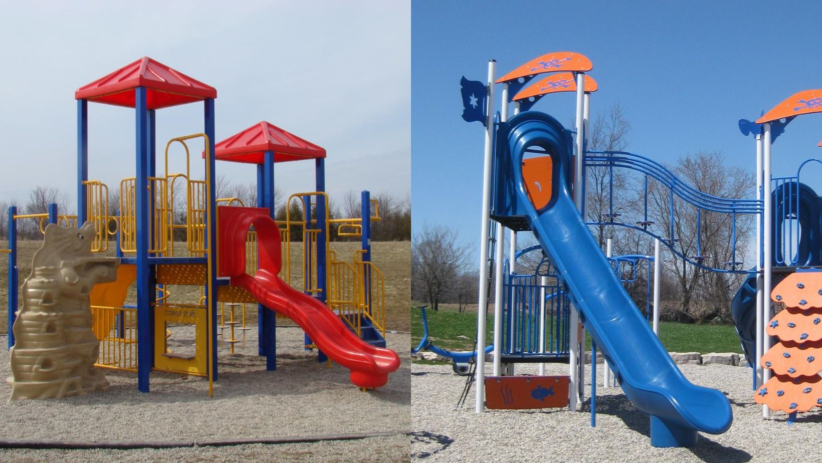 Two playground structures side by side. Left: Yellow and red with slides and a climbing wall. Right: Blue with slides and a rock climbing panel. Clear skies.