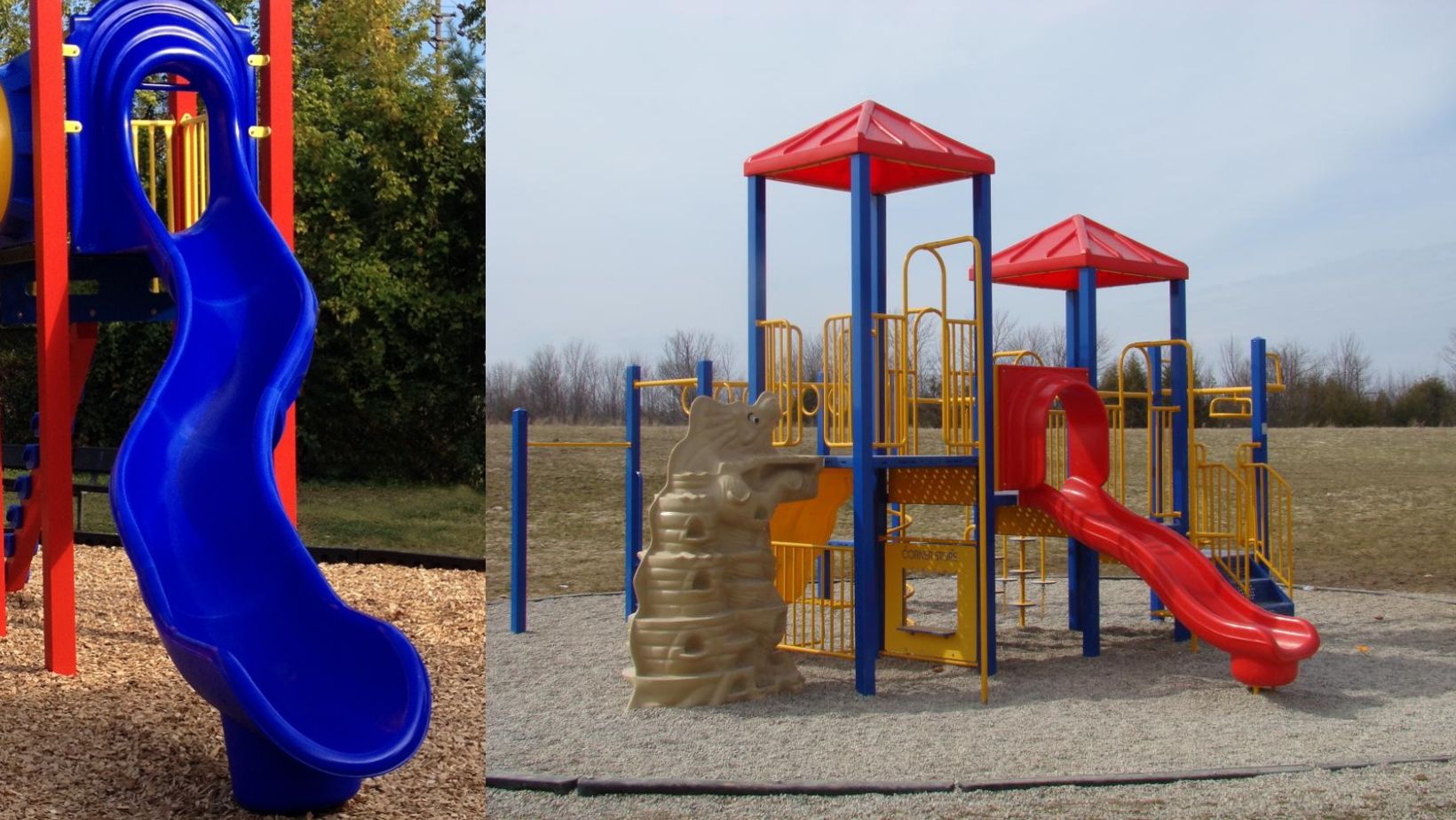 A colorful playground with a blue twisty slide on the left and a multi-level play structure featuring red roofs, blue and yellow bars, and slides on the right.
