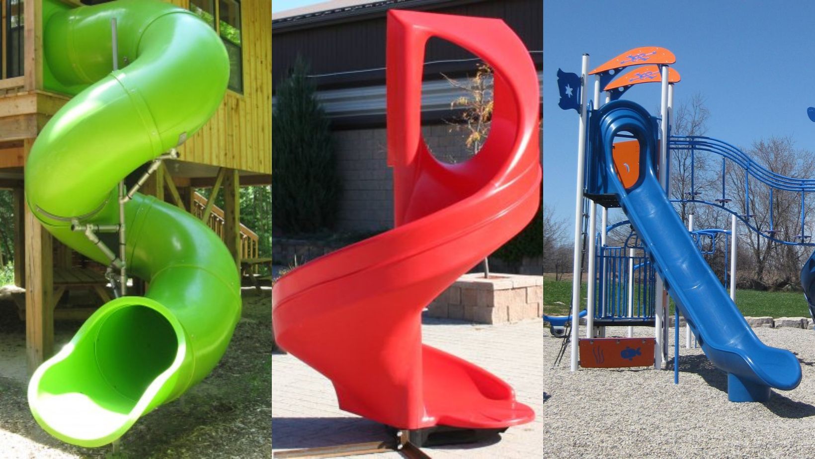 Three colorful playground slides: a green spiral slide with a wooden structure, a bright red twist slide, and a blue wavy slide with climbing bars.