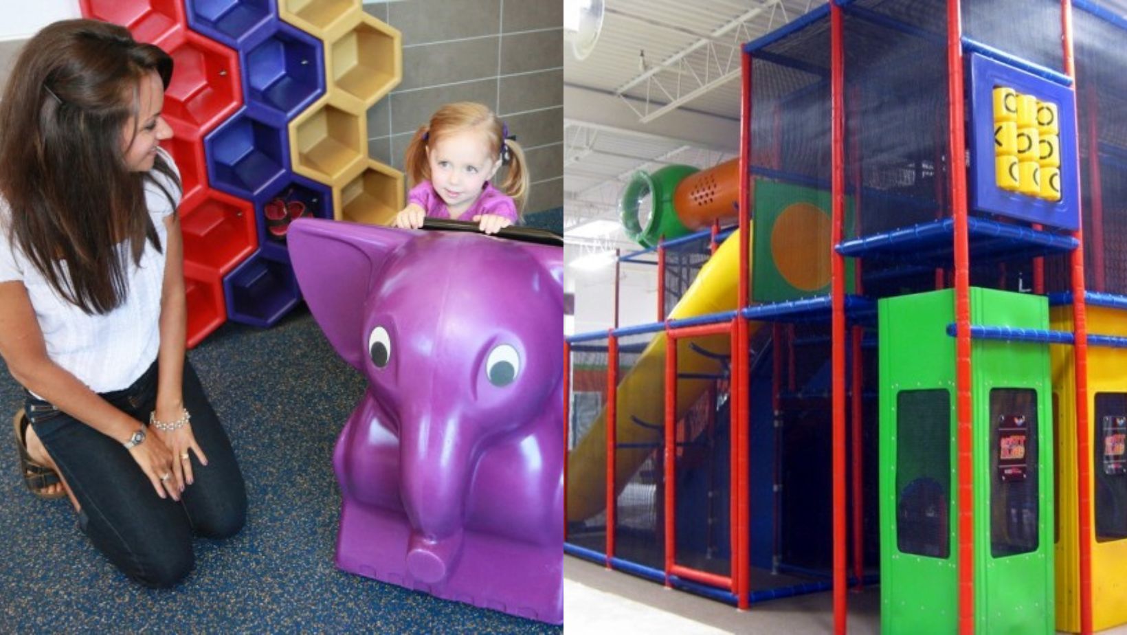 Child playing on indoor playground equipment with a caregiver and a colorful commercial indoor play structure.