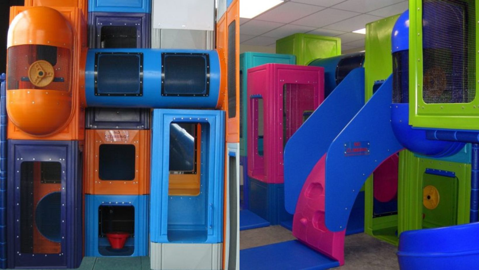 Colourful indoor playground equipment showcasing coordinated colours and themed design for a commercial indoor play space.