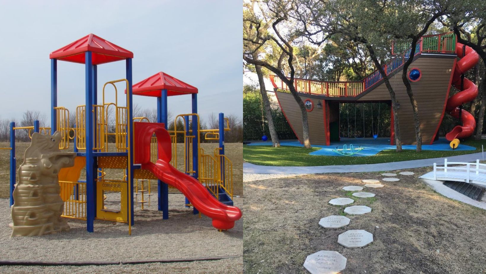Commercial outdoor playground equipment including a traditional play structure and a custom pirate ship playground for children's play.
