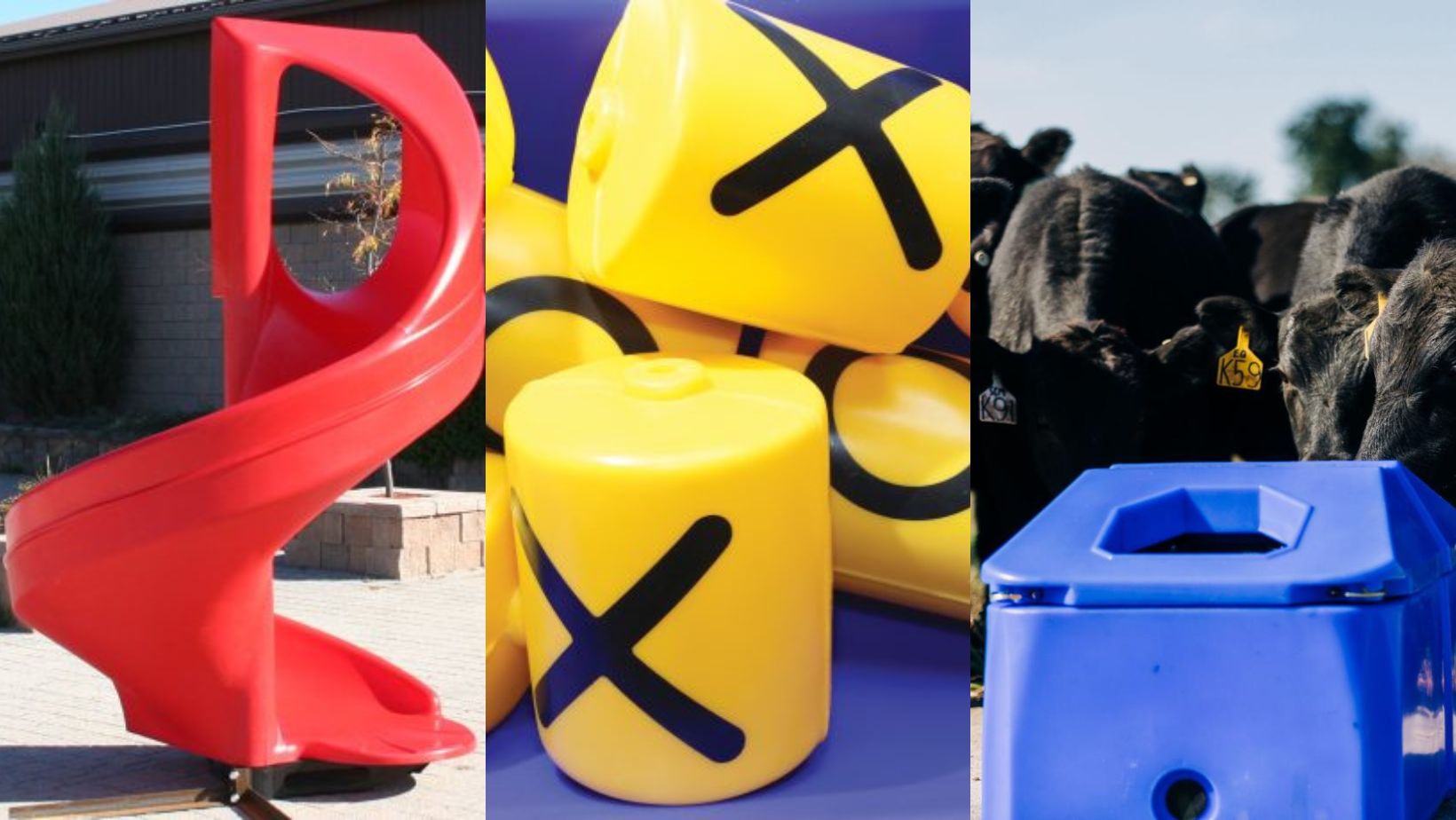 Examples of products best made with rotational molding, including a playground slide, custom plastic game pieces, and a livestock waterer.
